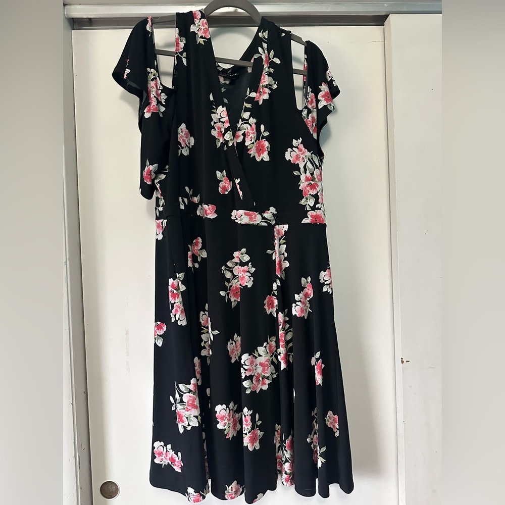 Torrid Black Midi Dress with Pink Floral Print